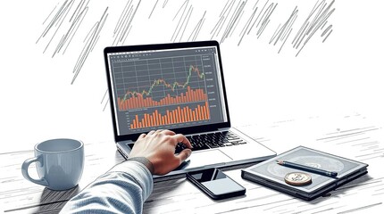 A hand using a laptop with financial data displayed