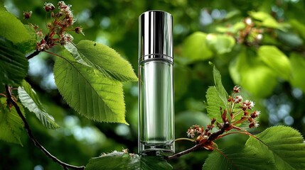 Elegant Glass Perfume Bottle Surrounded by Fresh Green Leaves and Blossoms