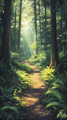 Naklejka premium Tranquil Woodland Pathway: A Journey Through Nature's Serene Beauty Illuminated by Sunlit Leaves