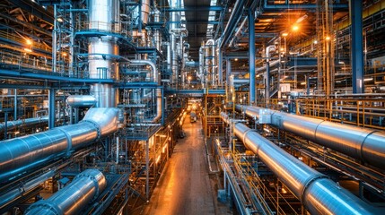 Fototapeta premium Industrial plant interior, complex machinery and pipes