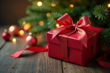 Luxury gift, shimmering ribbon, nestled beneath Christmas tree , gift, glitter