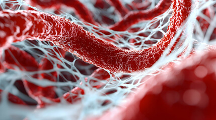 Microscopic view of intricate biological structures revealing a textured red vessel entwined with a delicate white network perfect for medical science presentations or abstract art.