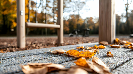 Autumn leaves scattered on textured playground flooring a perfect visual for seasonal designs blog headers or nature-themed presentations capturing the cozy feel of fall moments