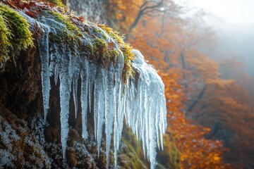 Frozen waterfall cascading down a mossy cliff face, set against a backdrop of autumnal foliage in a misty forest.