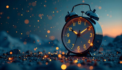 Scene Composition: Minimalist digital interface background featuring a futuristic, sleek clock striking midnight, surrounded by soft, starry night sky with a subtle moonlight glow, and scattered confe