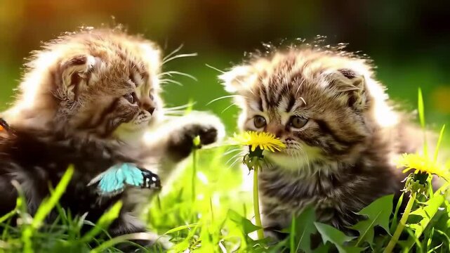 Fluffy kittens playing in sunny garden with butterflies and dandelions, showcasing concept of cute cats, playful pets, serenity in nature, joyful interaction, wildlife exploration