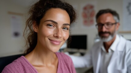 A female patient undergoing eye vision test with autorefractor optical device in a clinic.