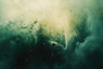 Obraz premium A mesmerizing cosmic nebula, swirling clouds of gas and dust in shades of green and yellow, scattered with distant stars.