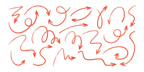 Red pencil arrow doodles set - hand drawn swirls, curved lines, chaotic pointers. Chalk sketches, artistic design elements pack. Grunge style marker scribbles, crayon strokes outline drawings.