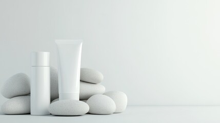 White cosmetic containers on gray stones minimalist product mockup