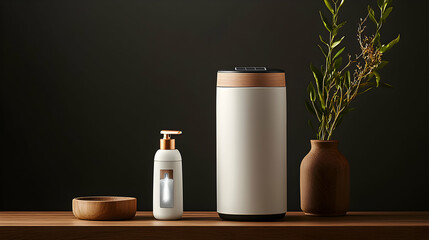 A tranquil display of contemporary design objects and organic elements atop warm wood. Ideal for advertisements promoting mindful living eco-friendly home goods or sophisticated bathroom essentials.