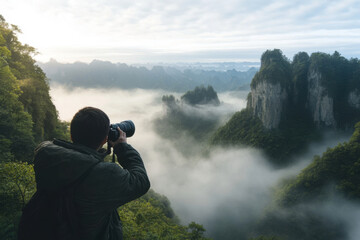 Obraz premium Photographer capturing stunning valley landscape with morning mist and sunrise