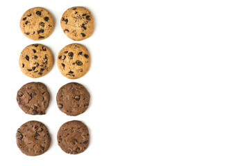 Set of different round cookies on white background with copy space, place for text.