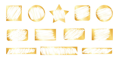Scratch card lottery on golden badges vector clipart - dry brush scuff paint strokes texture. Smudges blotches streaky rugged charcoal look. Messy grungy ragged ink splats collection.