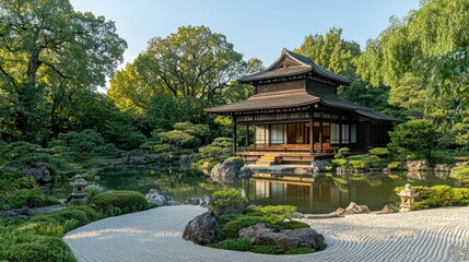 Fototapeta premium Tranquil Japanese garden pavilion, serene waterscape, and meticulously crafted landscaping
