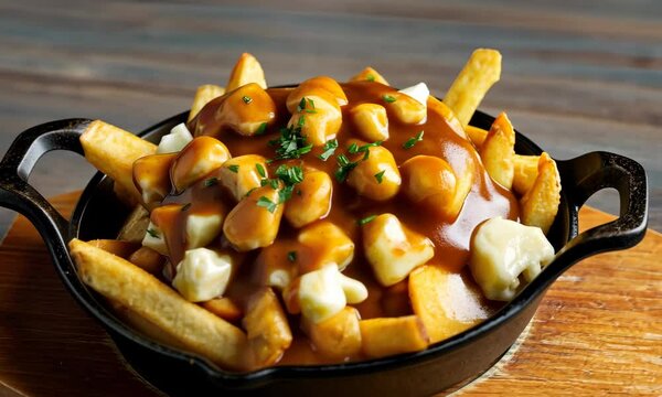 Classic poutine with fries, cheese curds, and gravy in skillet