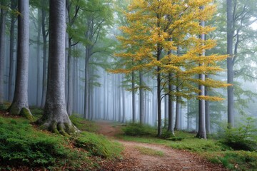 Obraz premium Misty Forest Path: Serene Autumnal Woodscape