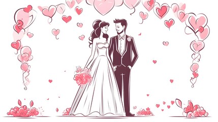 Cheerful Cartoon Illustration of a Bride Celebrating Happily with Two Attendants