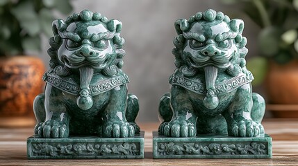 Paired jade Fu lions with intricate bases high resolution image