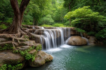 Naklejka premium Serene Waterfall Cascading Through Lush Green Forest