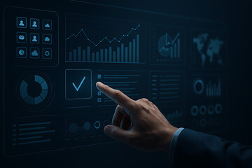 Businessman Interacting with Futuristic Digital Dashboard for Data Analytics

