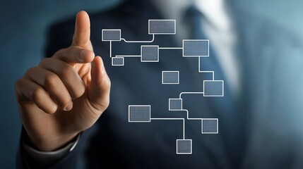 Businessman Hand Touching Digital Network Flowchart Modern Technology Interface  Strategic Planning Visual Data Analysis Concept  