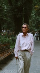 full body shot of a visually impaired person walking with a cane.