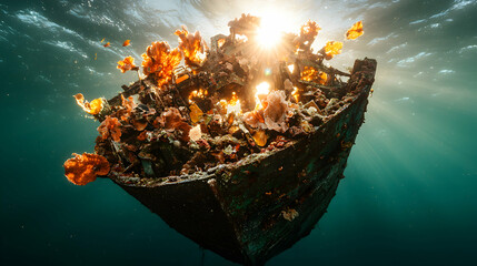Sunlit shipwreck adorned with vivid orange coral showcases marine life resilience underwater ideal for ocean conservation campaigns or striking art displays