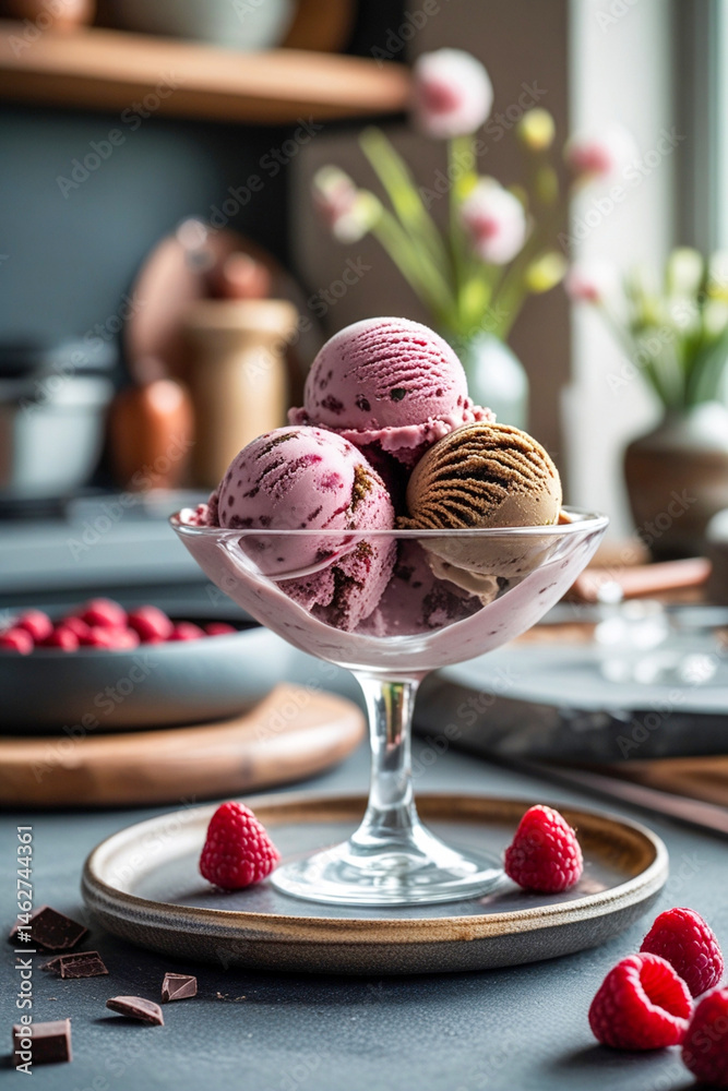 Poster Ice cream sundae with raspberry and chocolate flavors