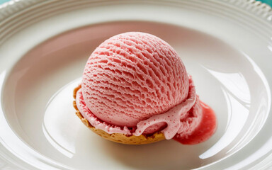 Delicious scoop of strawberry ice cream on a white porcelain plate