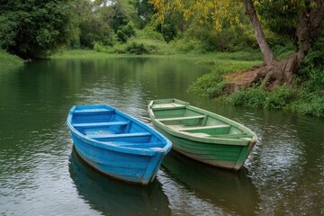 Obraz premium Tranquil Lake Scene: Two Rustic Boats in Serene Green Landscape
