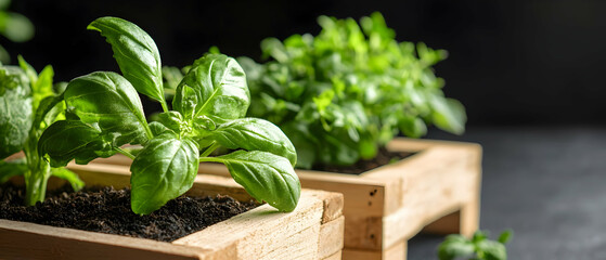 Fresh green basil plants thrive in rustic wooden planters perfect for home kitchens or garden settings adding natural beauty and flavor for culinary use or serene decor