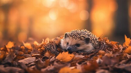 Fototapeta premium Hedgehog nestled in autumn leaves, warm light.