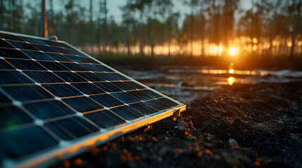 A low angle shot of a solar panel capturing the golden light of a sunset or sunrise in a natural outdoor setting highlighting sustainable energy. This image is perfect for environmental campaigns and 