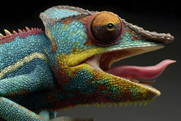 Fototapeta premium Close-up of a vibrantly colored chameleon's head.