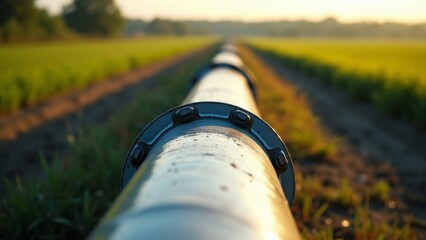 Fototapeta premium pipeline through agricultural field at sunset
