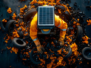 Overhead view of a figure in orange with a solar panel backpack surrounded by discarded tires and debris illustrating efforts toward environmental cleanup and renewable energy solutions for a cleaner 