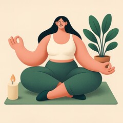 A woman meditates peacefully on a mat, expressing inner balance, mindfulness, and self-care through calm simplicity. Generated AI.