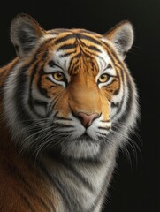 Fototapeta premium Majestic Tiger Portrait: Intense Gaze, Rich Fur, Dramatic Lighting