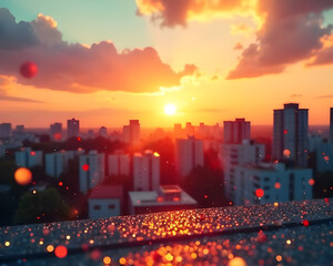 Scene Composition: Vibrant urban rooftop background with sunrise silhouette and scattered confetti under puffy white clouds. Softly blurred negative space for effortless dynamism. Distinctive: Glitter