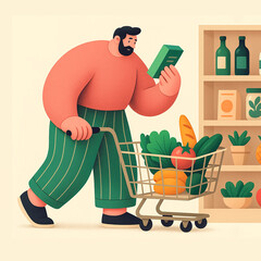A man shops mindfully for groceries, reading labels and choosing fresh produce to reflect healthy, conscious living. Generated AI.