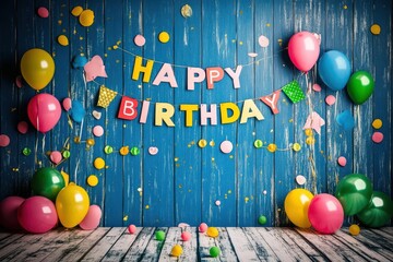 A vibrant birthday party scene with colorful balloons, confetti, and a banner.  The backdrop is a distressed blue wooden wall.  A white wooden floor is in the foreground