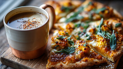Delicious pizza with autumn squash, topped with sage and brown butter, served alongside warm cup of coffee, creates cozy and inviting atmosphere perfect for fall