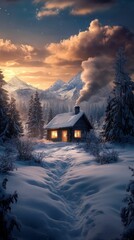 Fototapeta premium Snowy landscape, cabin, mountains, sunset, smoke.