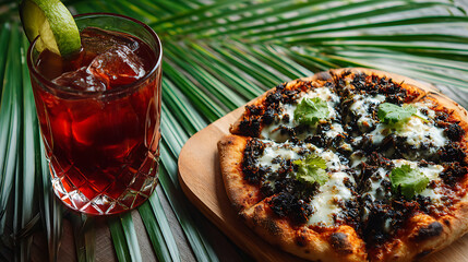 Delicious black squid ink pizza topped with fresh herbs and creamy sauce, paired with refreshing iced beverage garnished with lime. perfect tropical dining experience