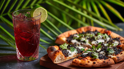 Delicious black squid ink pizza topped with fresh herbs and served with refreshing lime crema alongside vibrant hibiscus iced drink, creating delightful culinary experience