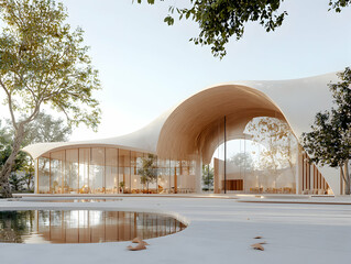 An elegant modern building with a flowing curved roof design full height glass walls and natural light reflecting trees and water a peaceful sophisticated space perfect for relaxation or gatherings