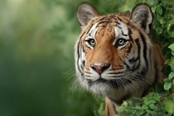 Fototapeta premium Majestic Tiger Portrait: Serene Gaze Amidst Lush Green Foliage
