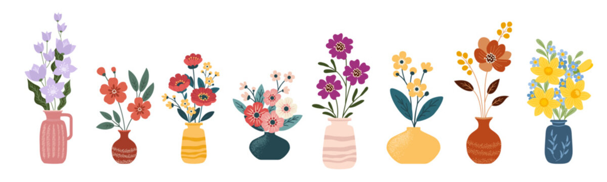 Ceramic vases with flowers. Jugs, pots and vases, vase pottery for home decoration,