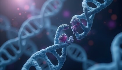 Microscope-Style 3D Concept Render of Broken Blue DNA Helix with Floating Nucleotide Fragments Highlighting Genetic Mutation and Disease